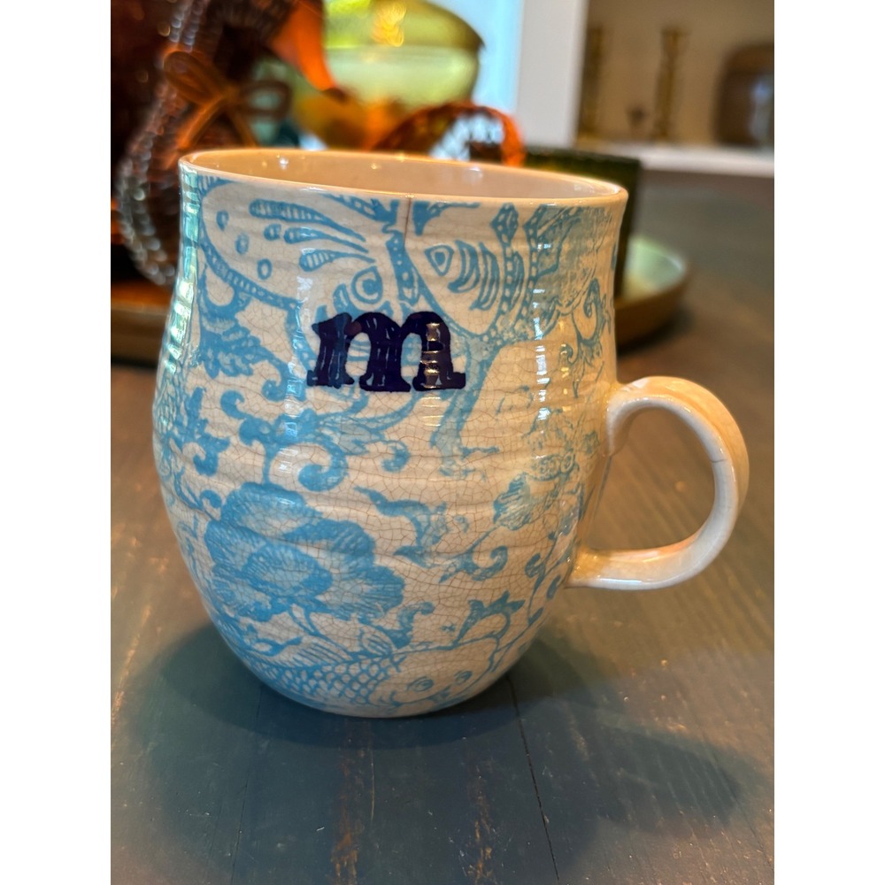 Anthropologie Molly Hatch Monogram M Mug Blue White Floral Toile Ceramic Cup